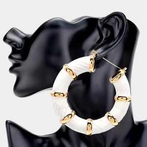 White and Gold Bamboo Door Knocker Earrings Trendy Big Hoop Jewelry Accessory